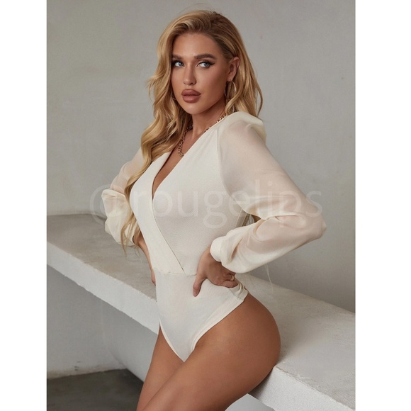 Beige Elegant V neck Bodysuit Surplice Decolleté V-Neck Long Bishop Sheer Sleeve - Picture 2 of 8